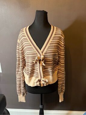 She + Sky Striped Tie-Front V-Neck Sweater Cardigan - Beige and Brown